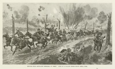 Artillería de campo británica trayendo sus cañones a galope bajo intenso fuego de artillería, Primera Guerra Mundial de English School