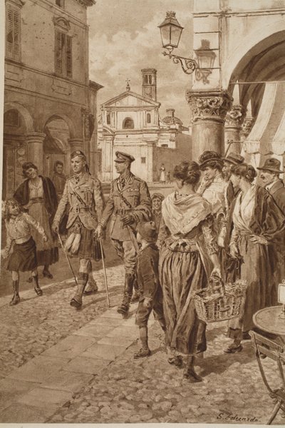 Highlanders británicos bienvenidos en una ciudad francesa, 1914-19 de English School