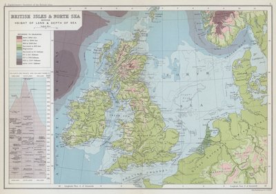 Islas Británicas y Mar del Norte mostrando la altura de la tierra y la profundidad del mar (litografía en color) de English School