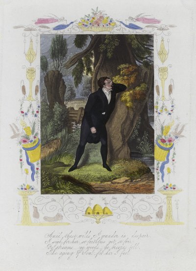 Tarjeta de San Valentín británica con la imagen de un hombre angustiado de pie junto al tronco de un árbol de English School