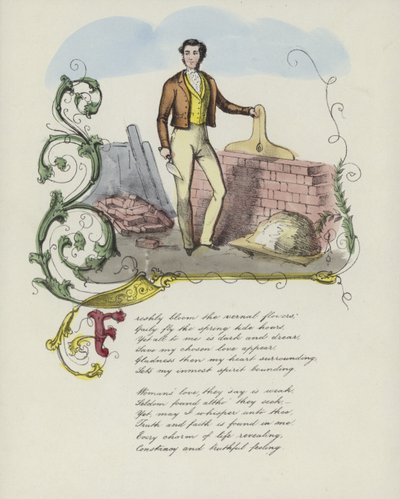 Tarjeta de San Valentín británica con imagen de un hombre construyendo un muro de ladrillos de English School