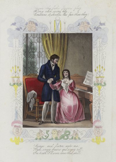 Tarjeta de San Valentín británica con la imagen de un hombre sosteniendo la mano de una mujer de English School