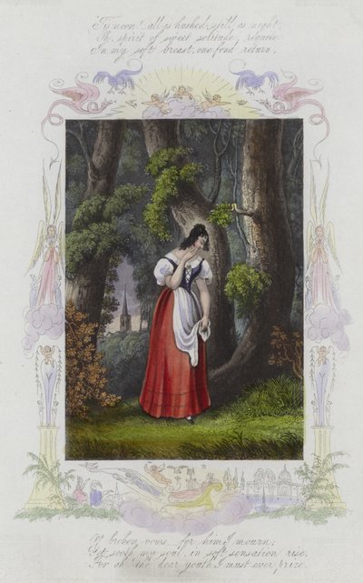 Tarjeta de San Valentín británica con la imagen de una mujer de pie entre un grupo de árboles de English School