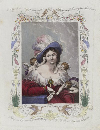 Tarjeta de San Valentín británica con la imagen de una mujer rodeada de querubines de English School