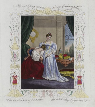Tarjeta de San Valentín británica con la imagen de dos mujeres de English School