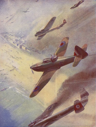 Aviones británicos atacan a bombarderos alemanes (litografía en color) de English School