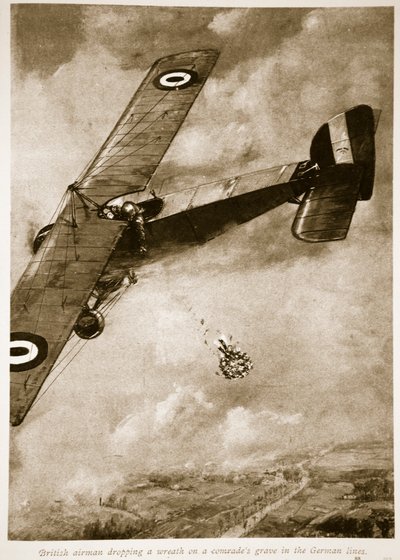 Aviador británico lanzando una corona en la tumba de un camarada en las líneas alemanas, 1914-19 de English School