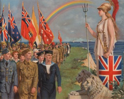 Personal militar británico y del imperio y civiles involucrados en el esfuerzo de guerra desfilando ante Britannia de English School