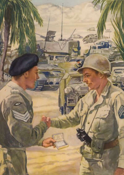 Sargento del ejército británico ofreciendo un cigarrillo a su homólogo estadounidense durante el encuentro de los aliados en la campaña del norte de África, Segunda Guerra Mundial. de English School