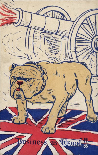 Bulldog británico sobre la bandera de la Unión y con un cañón disparando (litografía en color) de English School