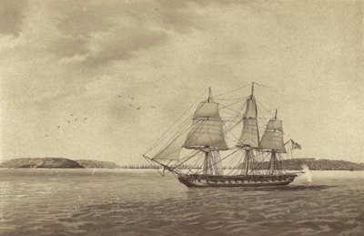 Fragata británica HMS Fisgard, al mando del capitán Thmas Byam Martin, en reconocimiento frente a Brest, Francia (litografía) de English School