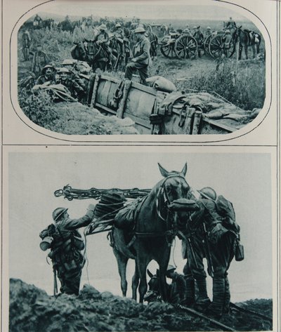 Artilleros británicos con caballos de carga, Flandes, agosto de 1917 de English School