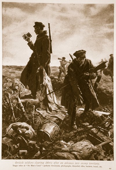 Soldados británicos limpiando escombros después de avanzar en territorio enemigo, 1914-19 de English School
