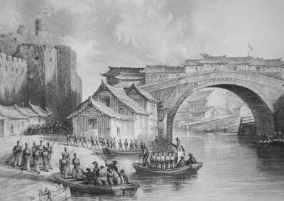 Tropas británicas desembarcan en la Puerta Oeste de Ching Keang durante las Guerras del Opio, ilustración según un boceto de un testigo ocular del Capitán Stoddard de English School