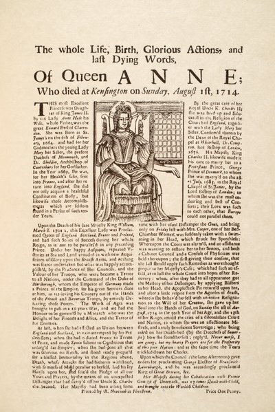 Hoja suelta publicada por la muerte de la Reina Ana, el domingo 1 de agosto de 1714 de English School