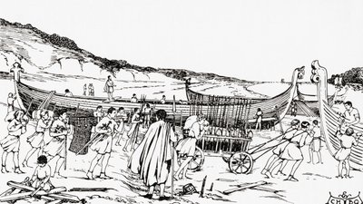 Construcción de los barcos para la invasión normanda de Inglaterra por Guillermo el Conquistador de English School