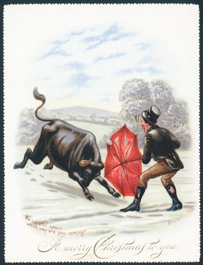 Toro embistiendo un paraguas rojo, tarjeta de Navidad de English School