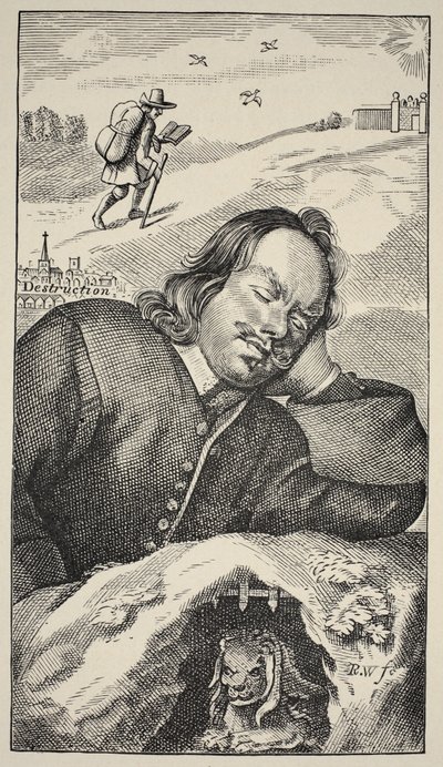 El sueño de Bunyan, frontispicio de The Pilgrims Progress por John Bunyan (1628-88), 4ª edición, pub. 1680 de English School