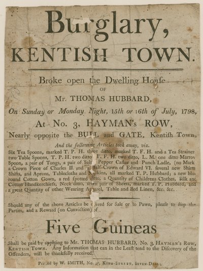 Robo en Kentish Town en 1798. Recompensa de £5 de English School