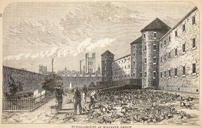 Cementerio en la prisión de Millbank, ilustración de Las prisiones criminales de Londres y escenas de la vida en prisión de Henry Mayhew y John Binny, pub. 1862 de English School