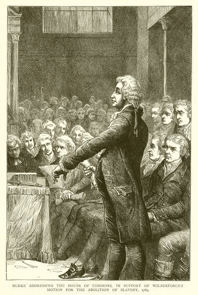 Burke dirigiéndose a la Cámara de los Comunes, en apoyo de la moción de Wilberforce para la abolición de la esclavitud de English School
