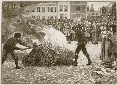 Quema del panfleto de Blount por el Verdugo Común, ilustración de Cassells Illustrated History of England de English School