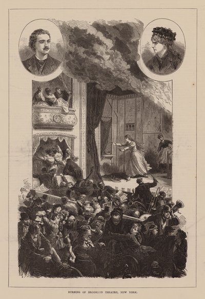 Incendio del teatro de Brooklyn, Nueva York (grabado) de English School