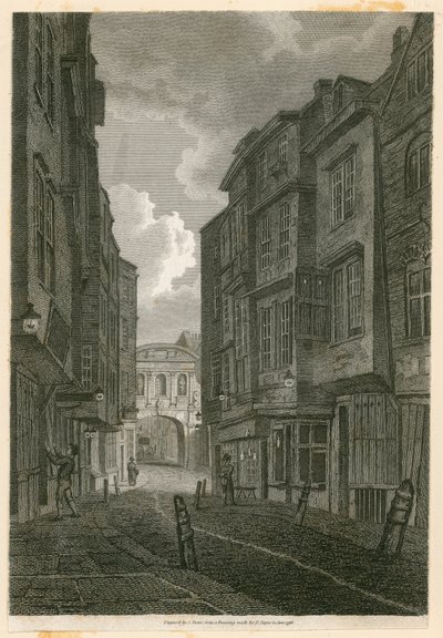 Butcher Row, vista desde Temple Bar, basado en un dibujo de Edward Dayes, 9 de junio de 1796 de English School