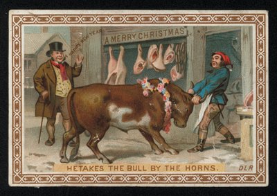 Carnicero tirando de un toro hacia su tienda, tarjeta de felicitación de Navidad de English School