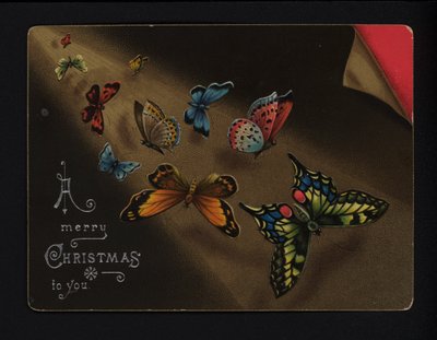 Mariposas, tarjeta de felicitación navideña, finales del siglo XIX o principios del XX (cromolito) de English School