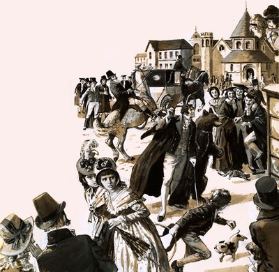 Byron causó un gran revuelo con su oso mascota en las calles de Cambridge (gouache sobre papel) de English School