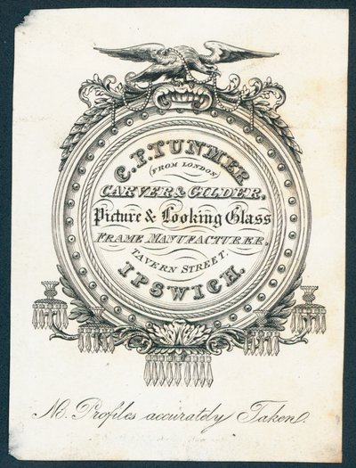 C F Tunmer, tallador y dorador, fabricante de marcos para cuadros y espejos, tarjeta comercial de English School
