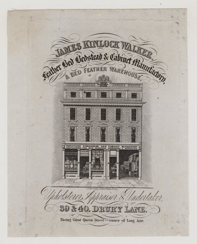 Fabricante de muebles, James Kinlock Walker, tarjeta comercial de English School