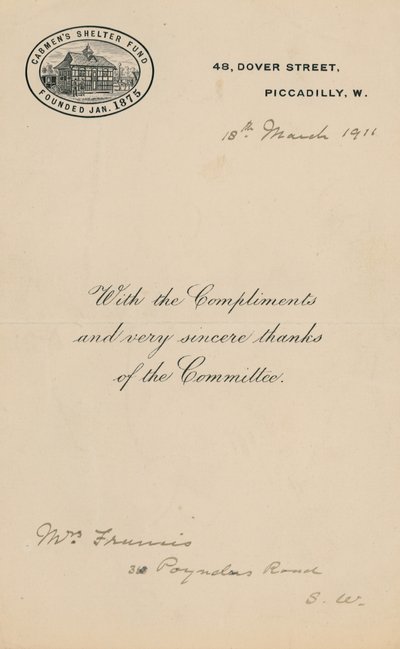 Refugio de cocheros Fun, fundado en enero de 1875. Carta de English School