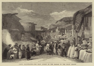 Cabul ilustrado, la calle principal en el bazar en la temporada de frutas de English School
