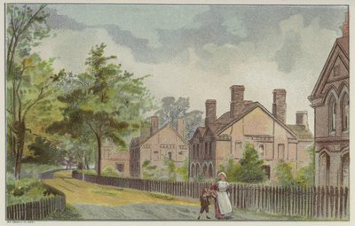 Cabañas de trabajadores de Cadbury y carril rural, Bournville, Birmingham (chromolitho) de English School
