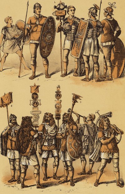 César, Guerra de las Galias: soldados romanos (litografía en color) de English School
