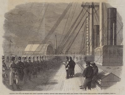 Pasando lista a bordo del Great Eastern poco antes de su partida del Mersey con tropas para Canadá (grabado) de English School