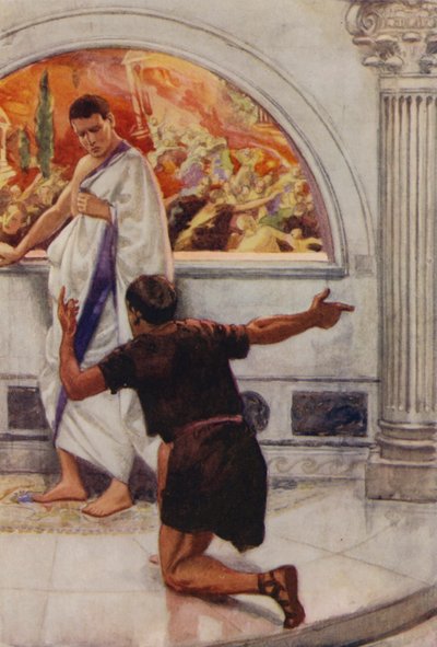 Plinio, tranquilo y sin miedo, se baña mientras Pompeya se hunde (litografía en color) de English School