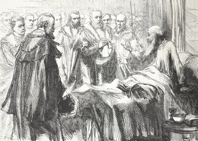 Calvino dirigiéndose al Consejo por última vez, ilustración de La Historia del Protestantismo de James Aitken Wylie, pub. 1878 de English School