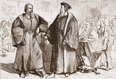 Calvino y Servet ante el Consejo de Ginebra, ilustración de La Historia del Protestantismo de James Aitken Wylie, pub. 1878 de English School