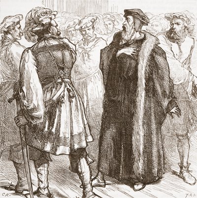 Calvino ante sus enemigos en el Consejo, ilustración de La Historia del Protestantismo de James Aitken Wylie, pub. 1878 de English School