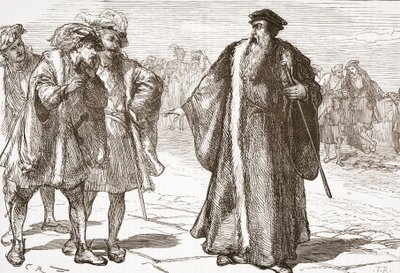 Calvino insultado por los libertinos en el puente del Ródano, ilustración de La Historia del Protestantismo de James Aitken Wylie, pub. 1878 de English School