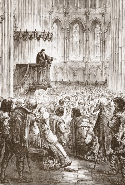 Calvino predicando su sermón de despedida en expectativa de destierro, ilustración de La Historia del Protestantismo de James Aitken Wylie, pub. 1878 de English School