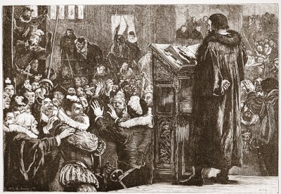 Calvino amenazado en la iglesia de Rive, ilustración de La Historia del Protestantismo de James Aitken Wylie, pub. 1878 de English School