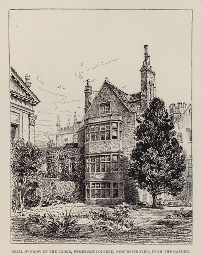 Cambridge: Ventana Oriel de la Logia, Pembroke College, ahora destruida, desde el Jardín de English School