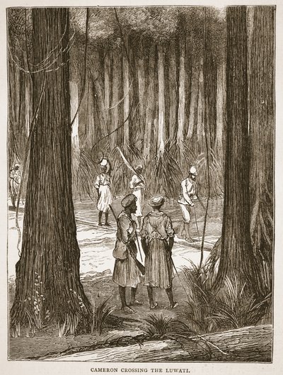 Cameron cruzando el Luwati, ilustración de The Pictorial Edition of the Life and Discoveries of David Livingstone por J. Ewing Richie, pub. por A. Fullarton & Co., 1876 de English School
