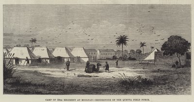 Campamento del 59º Regimiento en Mooltan, Punto de Encuentro de la Fuerza de Campo de Quetta (grabado) de English School