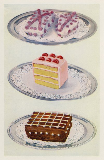 Tarta canadiense; Tarta de capas; Tarta helada de chocolate (litografía en color) de English School