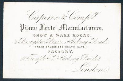 Caperoe & Company, fabricantes de pianos, tarjeta comercial de English School